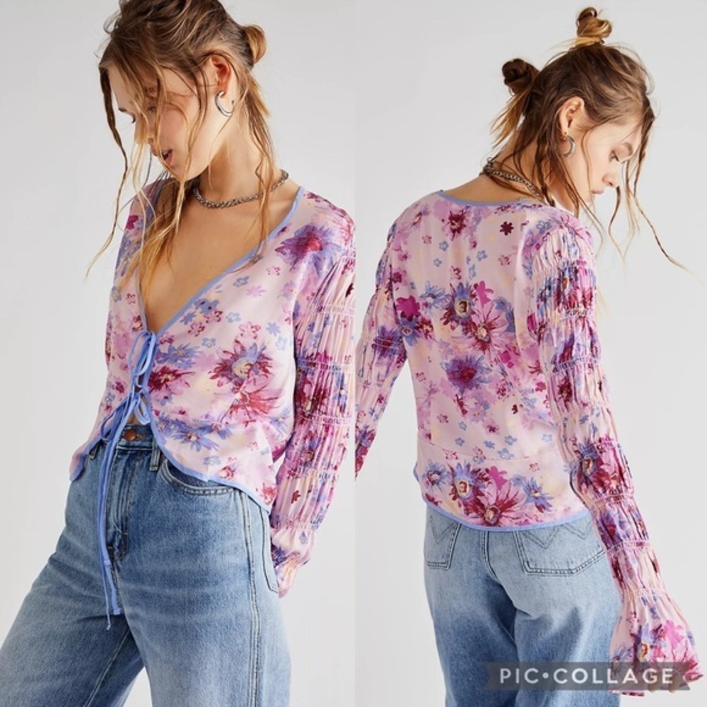 Free People Venice Printed Viscose Top Tie Front Smock Flare Sleeves